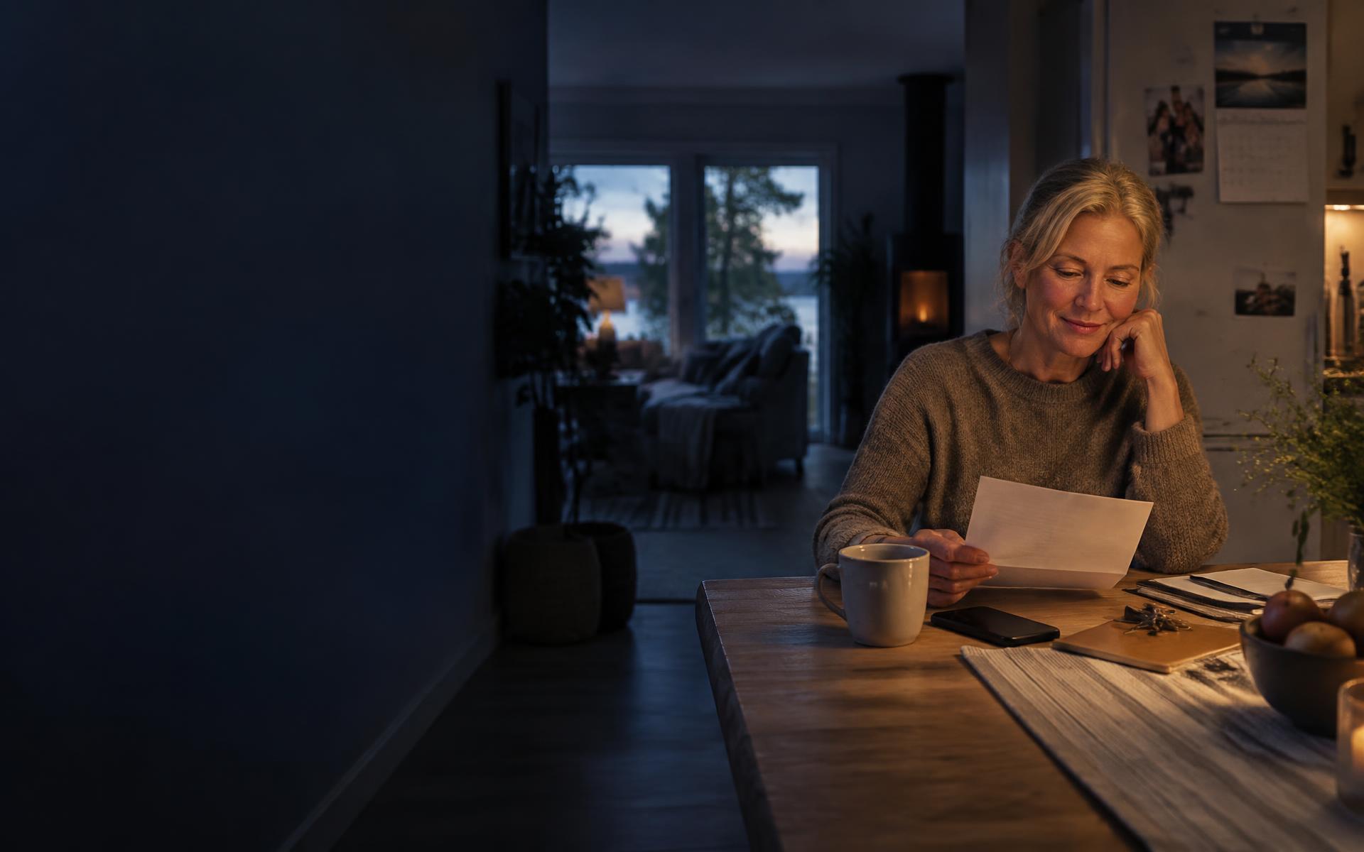 En kvinne sitter rolig hjemme med et brev foran seg